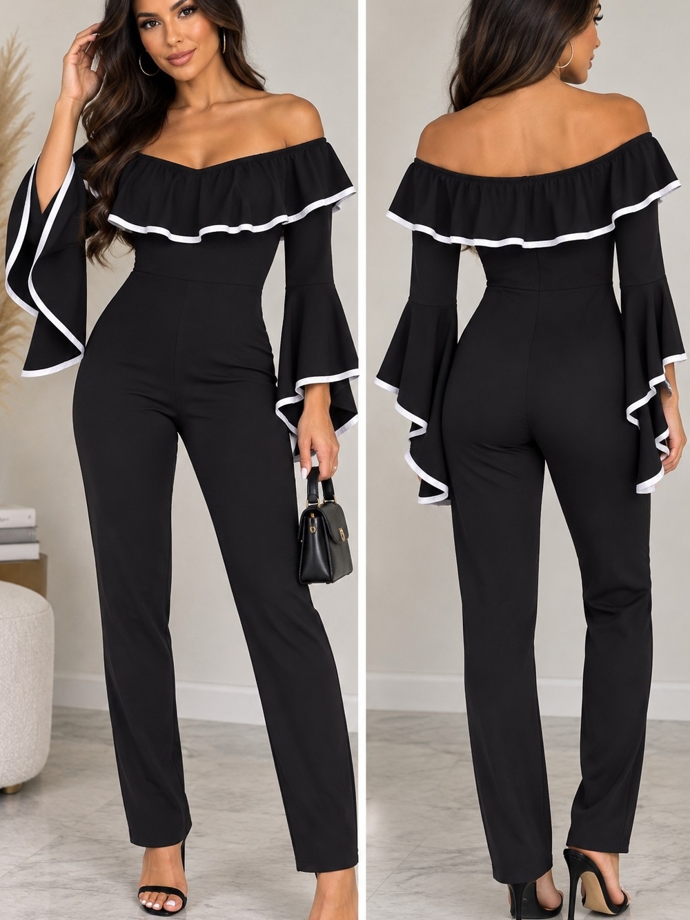 Off-Shoulder Black Ruffle Jumpsuit with White Trim